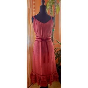 Vintage Anthropologie Lithe Dress- Size 8- Pink Ruffle- Red Velvet & Silk Lining
